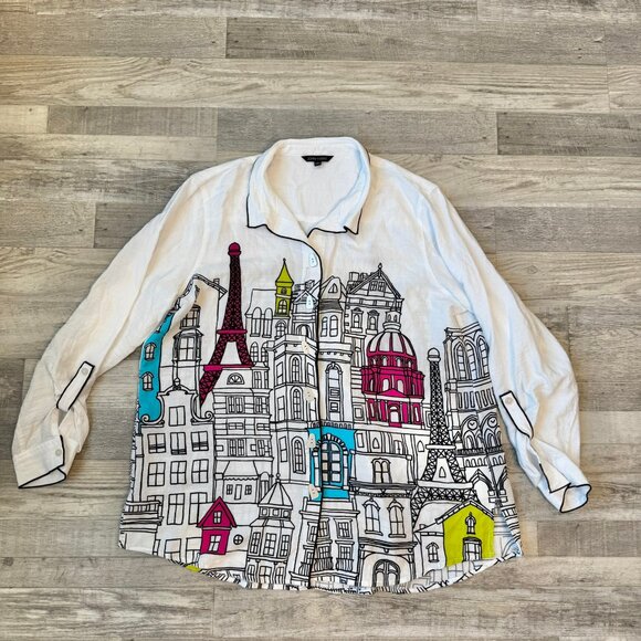 John Mark Tops - John Mark Eiffel Tower City Scene button down top size large L37
